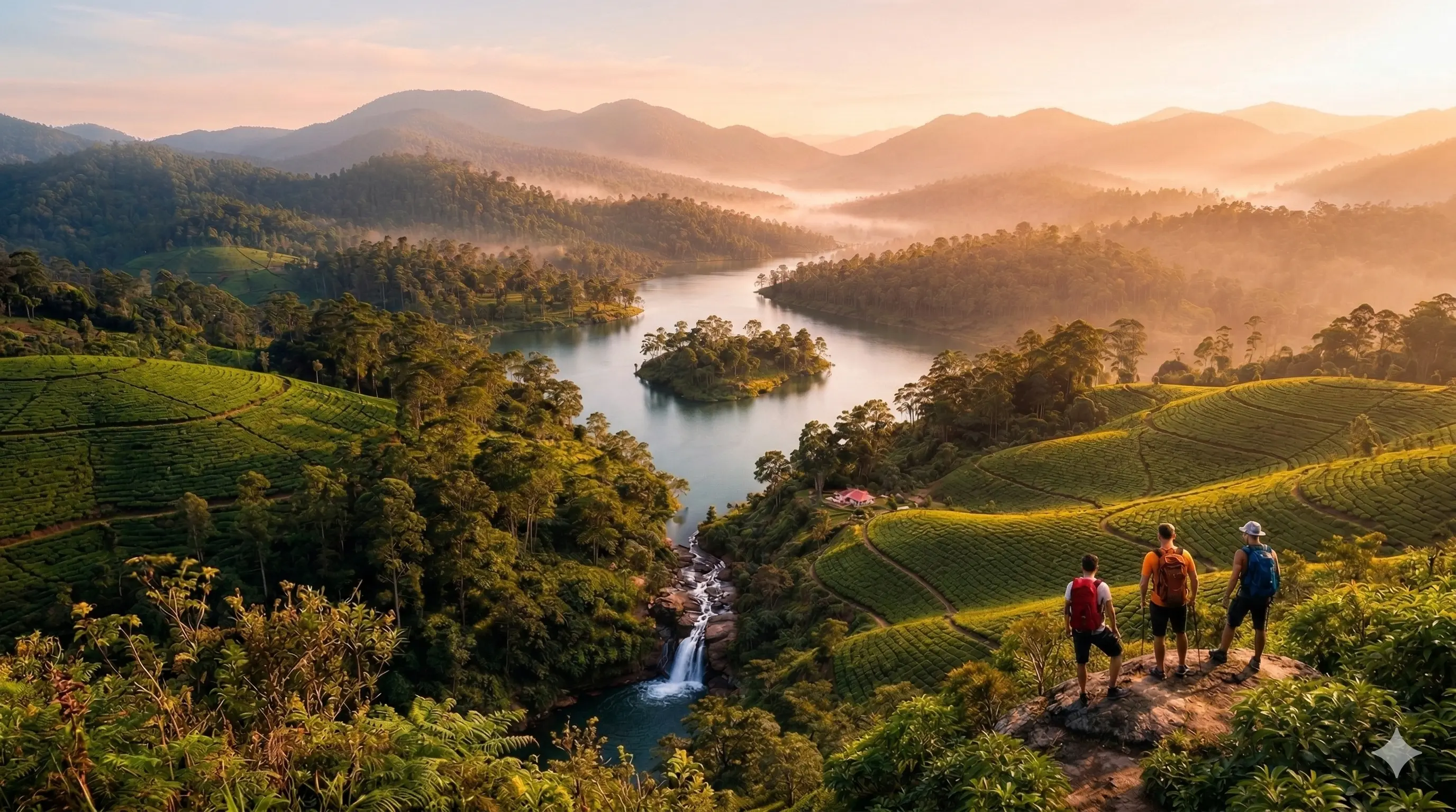 Aerial view of hikers above tea-covered valleys in Hatton, Sri Lanka