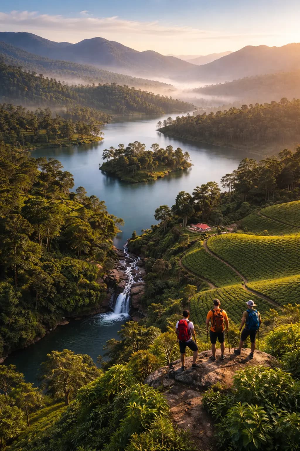 Hikers overlooking sunrise over Castlereagh Reservoir in Hatton