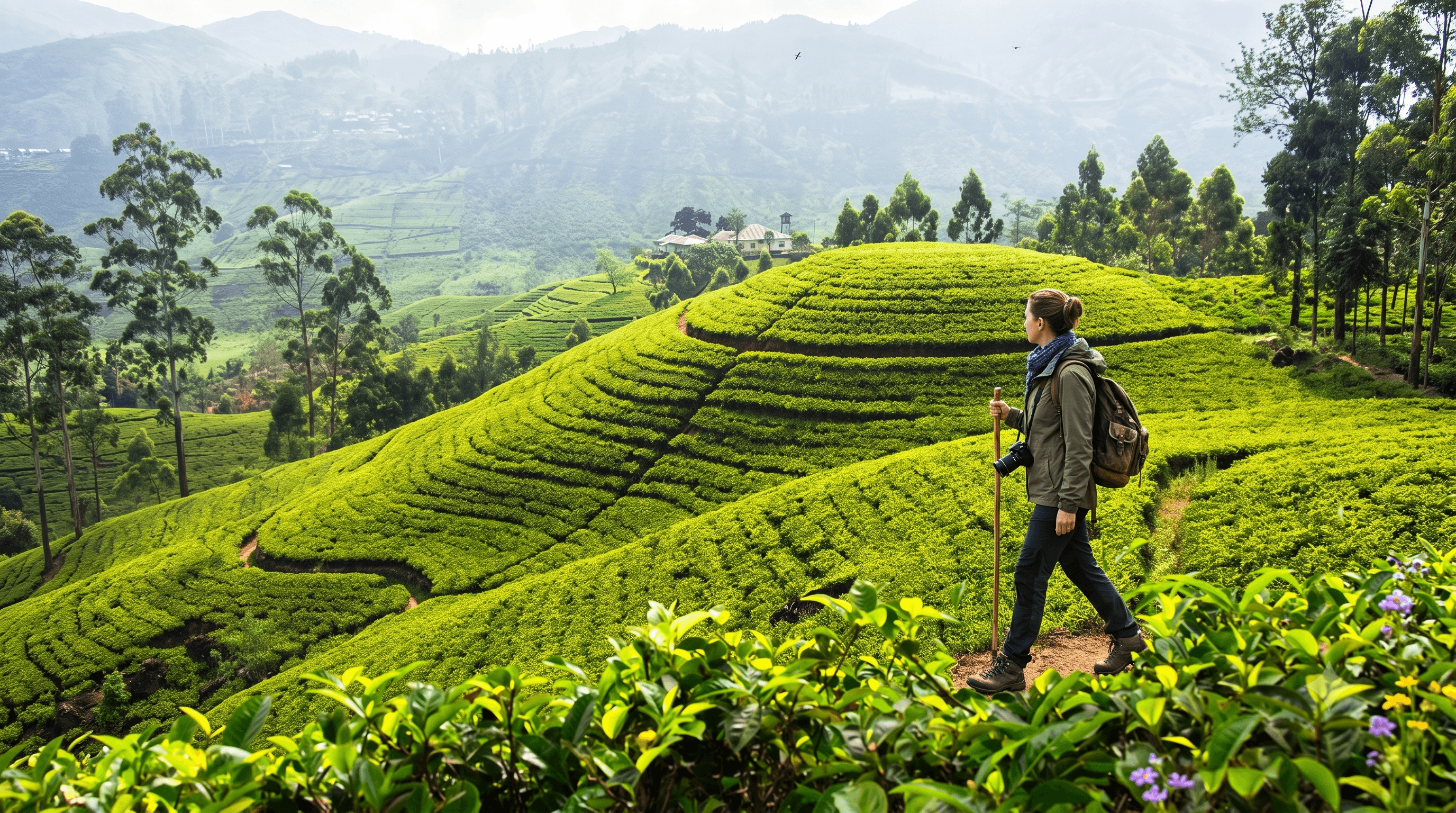 Panoramic Hatton valley with tea estates, mist, and sunrise light