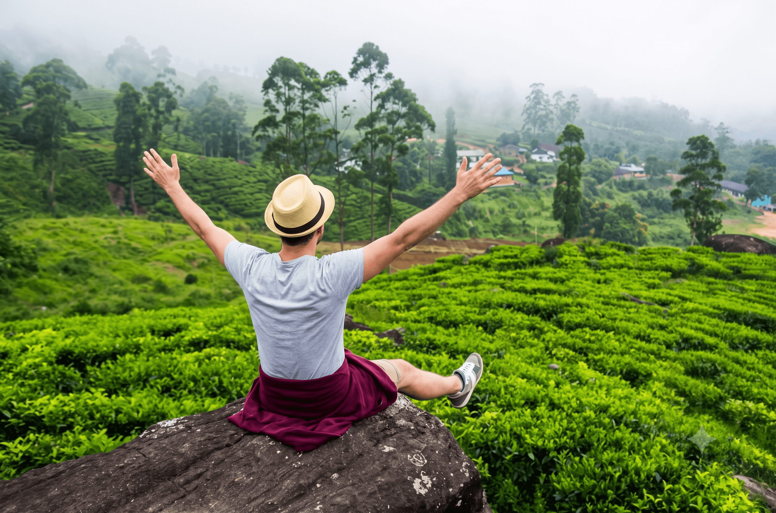 Traveler overlooking misty tea-country scenery near Nuwara Eliya